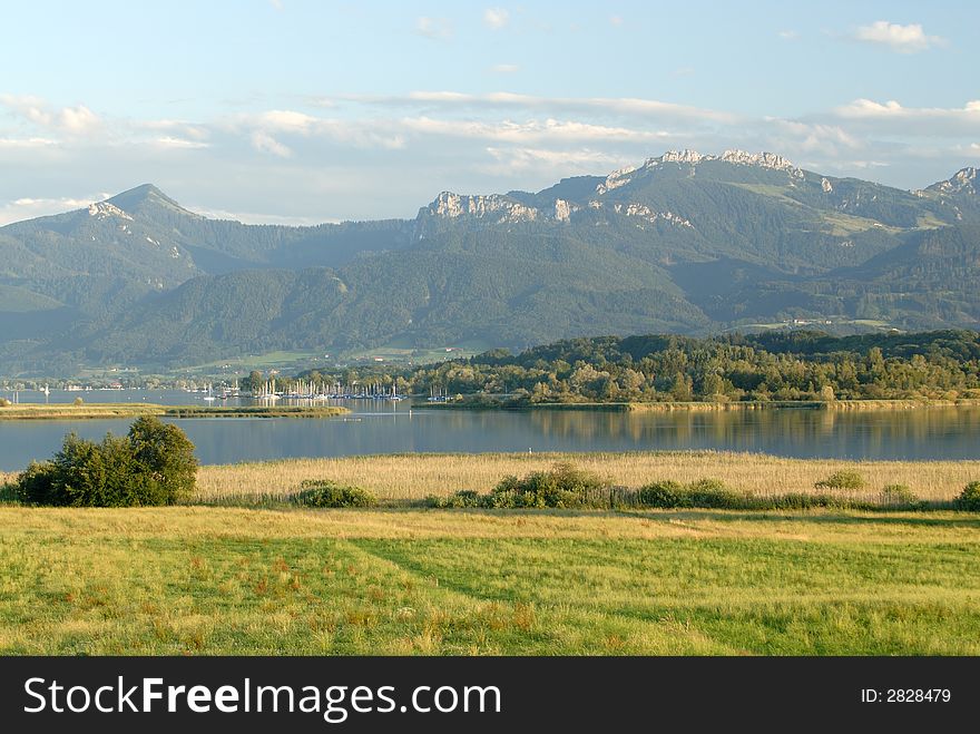 Panorama of the moutains lake at the Alps background. Panorama of the moutains lake at the Alps background