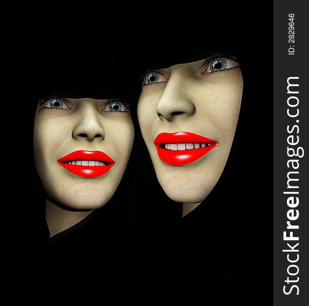 An image of a close up of two ladys heads both with red make up on their lips. An image of a close up of two ladys heads both with red make up on their lips.