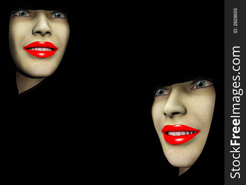 An image of a close up of two ladys heads both with red make up on their lips. An image of a close up of two ladys heads both with red make up on their lips.