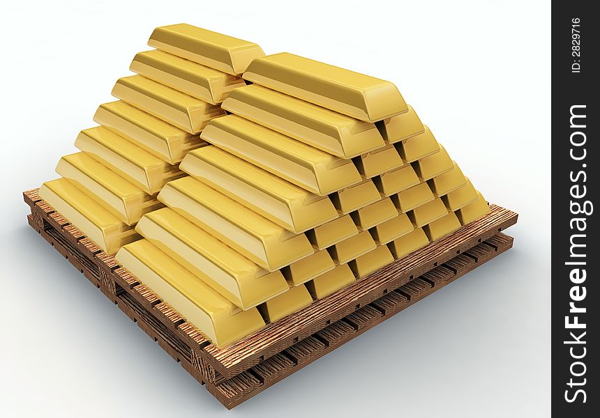 This is a 3D rendered image of gold bullions stack up in a pyramid shape on a wooden palette. This is a 3D rendered image of gold bullions stack up in a pyramid shape on a wooden palette