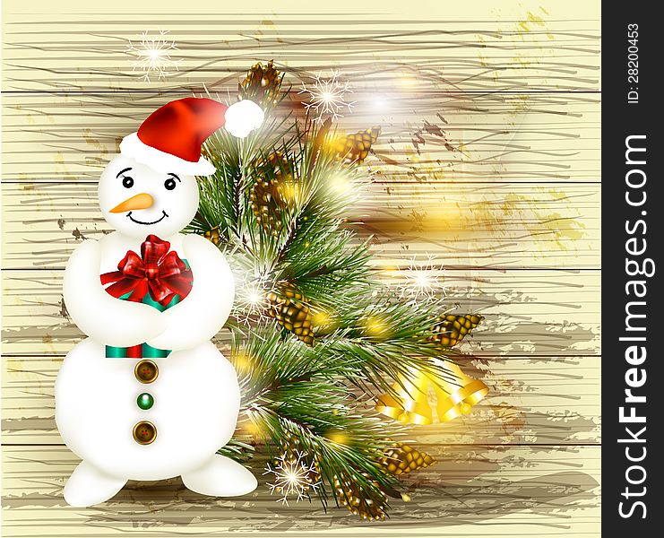 Greeting Christmas and New Year card with snowman holding gift o