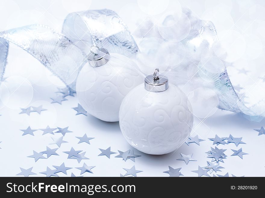 Christmas white balls on white background. Christmas white balls on white background