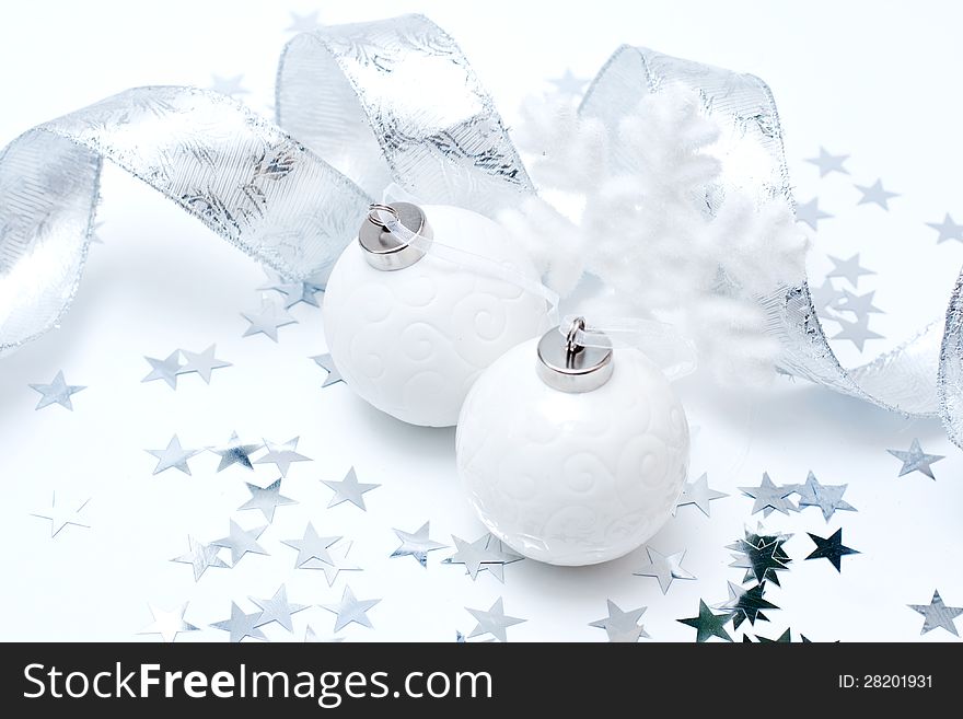 Christmas white balls on white background. Christmas white balls on white background
