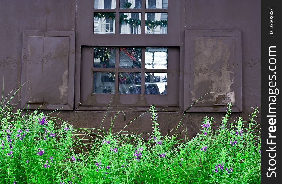 Wooden window near the flowers. Wooden window near the flowers.