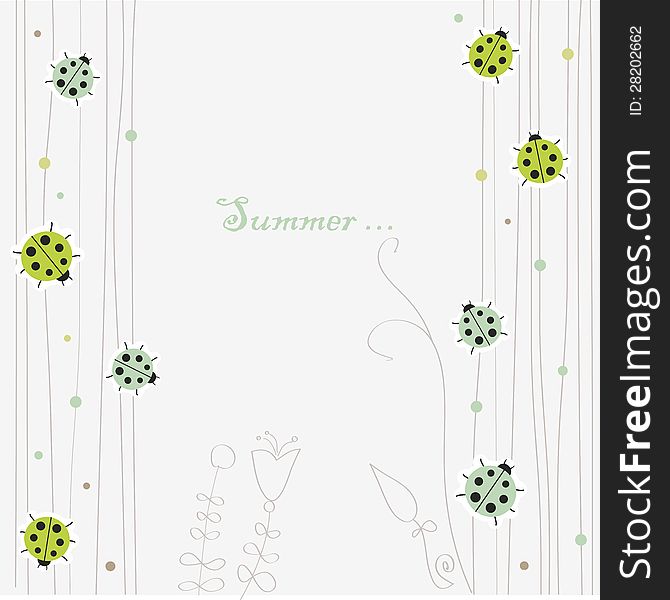 Summer retro background with abstract flowers and ladybirds