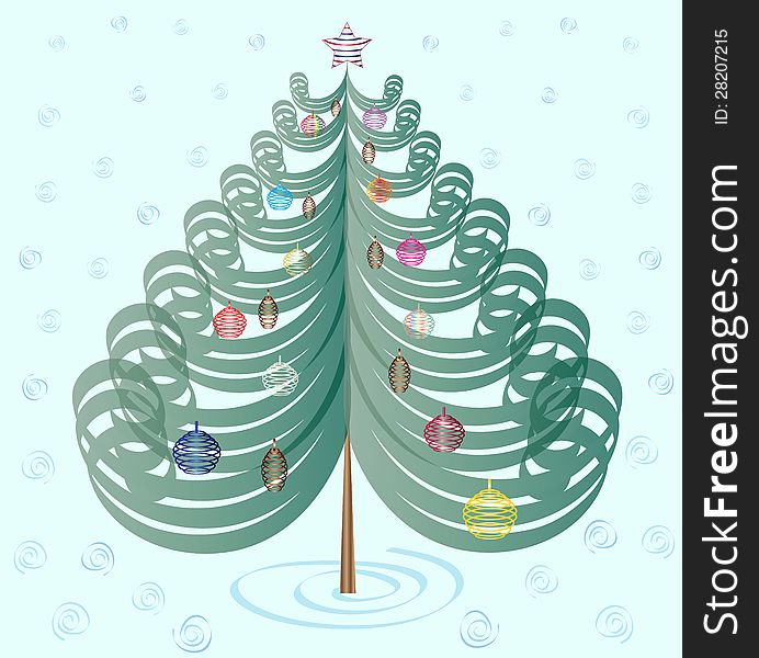 Vector illustration of Christmas tree with toys on cyan background