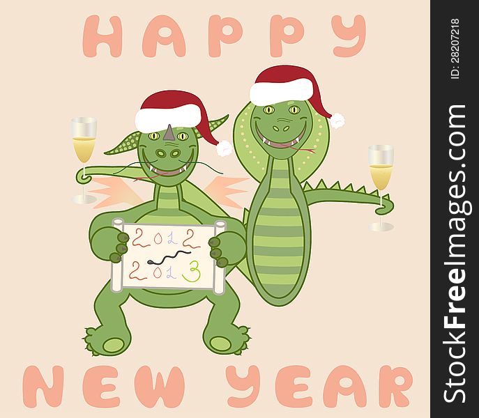 Vector illustration of dragon and snake celebrate the New Year with champagne