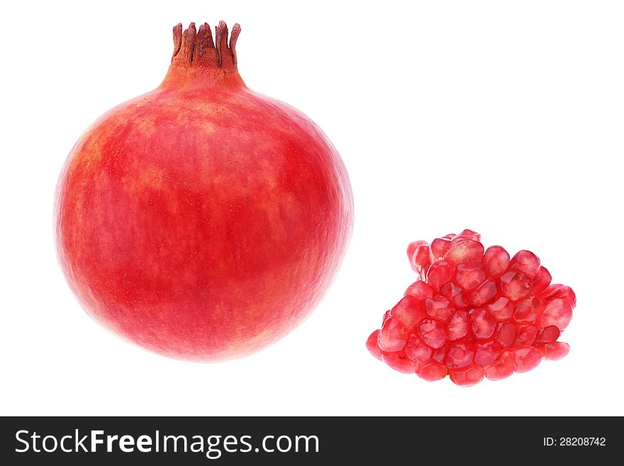 Red pomegranate fruit grains on a white background.