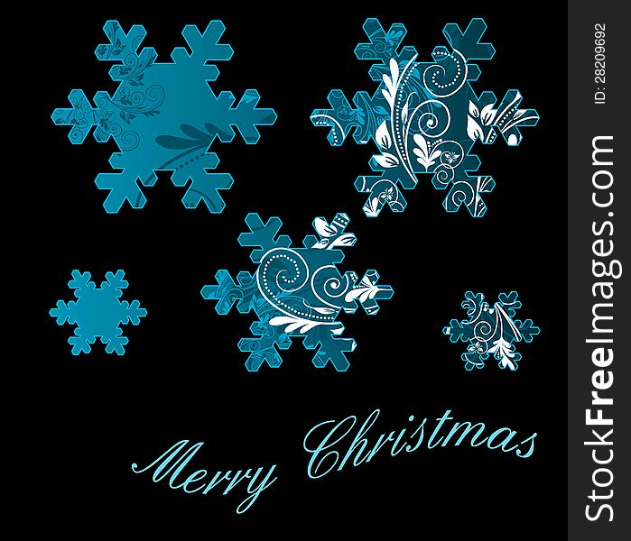 Blue and White Snowflakes on a black background with Christmas wishes. Blue and White Snowflakes on a black background with Christmas wishes