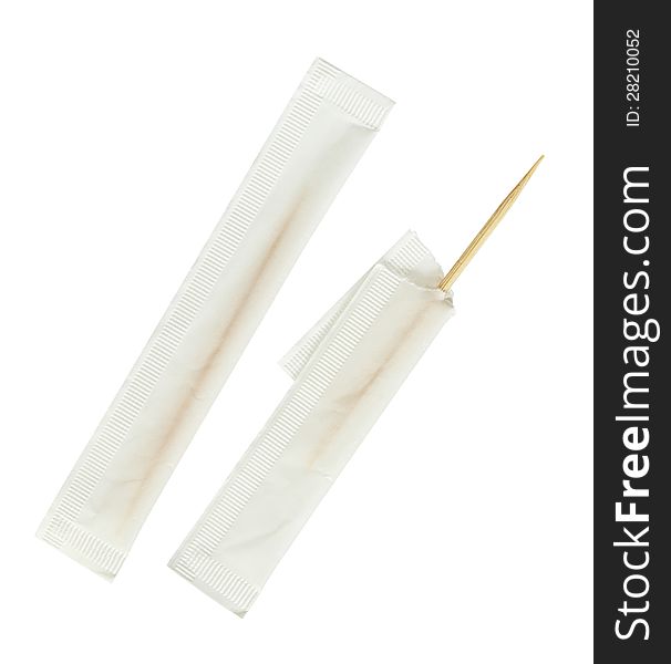 Bamboo toothpick in paper bag isolated on white background. Bamboo toothpick in paper bag isolated on white background