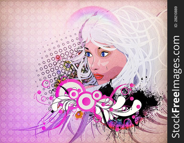 Illustration of grunge background with girl and florals. Illustration of grunge background with girl and florals.