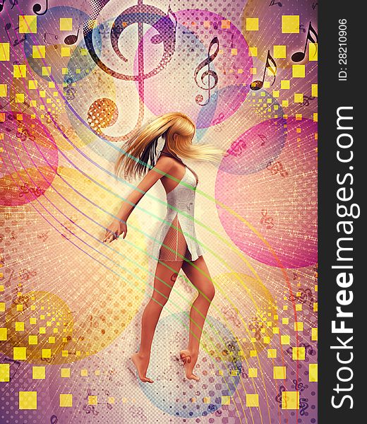 Illustration of pretty 3d woman dancing on a colourful vintage background. Illustration of pretty 3d woman dancing on a colourful vintage background.