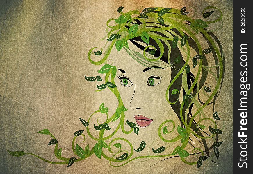 Illustration of spring girl portrait with green floral hair grunge background. Illustration of spring girl portrait with green floral hair grunge background.