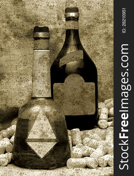 old bottles on jute cloth with corks grunge background. old bottles on jute cloth with corks grunge background