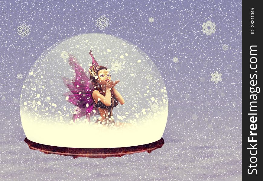 Illustration of magical snow globe with fairy on snow background.