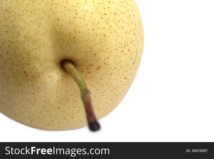 Closeup of ripe, fleshy & juicy organic pear on white background. Closeup of ripe, fleshy & juicy organic pear on white background