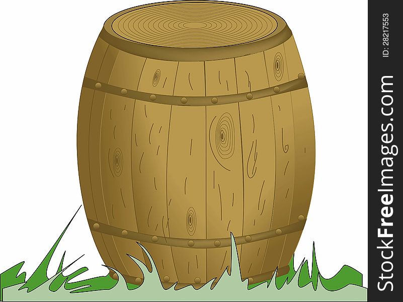 Cartoon barrel, standing on the grass on a white background. Cartoon barrel, standing on the grass on a white background