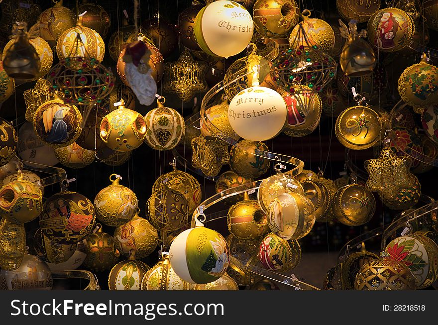 Close up of colorful shiny christmas globes