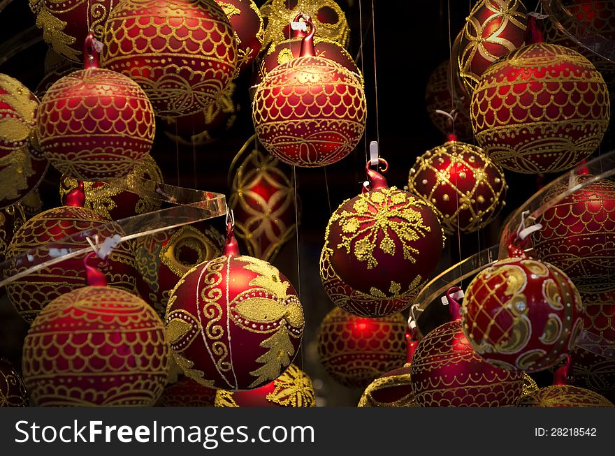 Close up of colorful shiny christmas globes