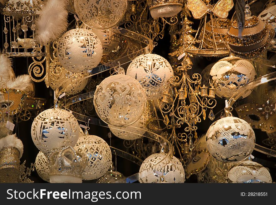 Close up of colorful shiny christmas globes