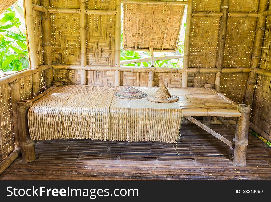 Bamboo bed in Thai style demonstrated bamboo cottage