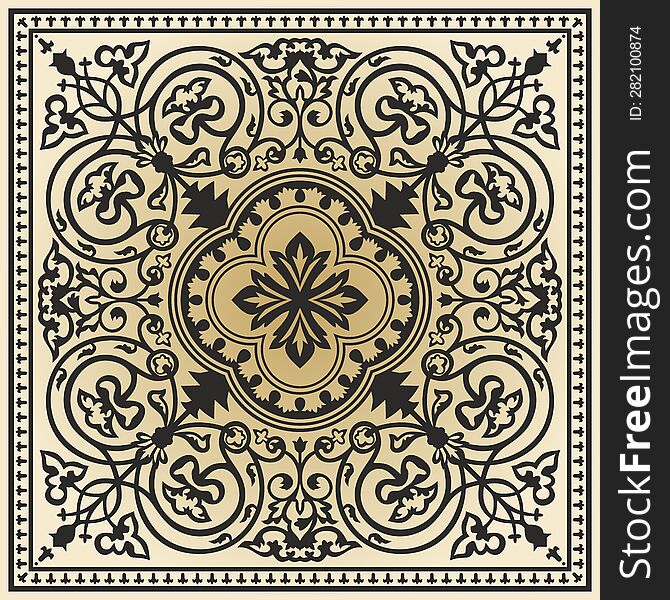 Vector Gold And Black Square Byzantine Ornament. Tiles Of Ancient Greece And The Eastern Roman Empire. Decoration Of The Russian O