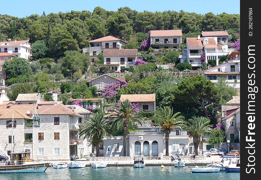 Croatian City View With Buildings And Boats From The Sea, Postcard