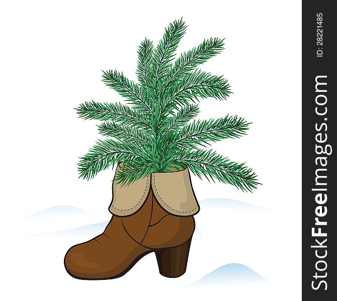 Fashionable womanâ€™s boot with fir tree, winter illustration for christmas design