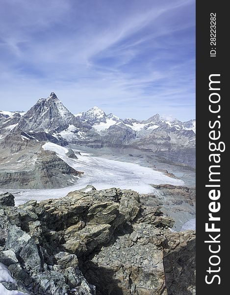 Swiss Mountain range viewed from the Summit of the Klein Matterhorn. Switzerland