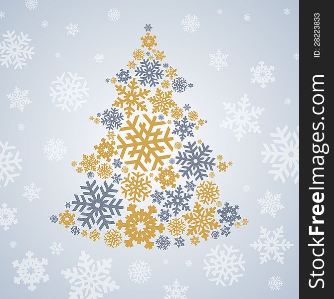 Christmas silver and gold snowflakes tree on grey background. Christmas silver and gold snowflakes tree on grey background