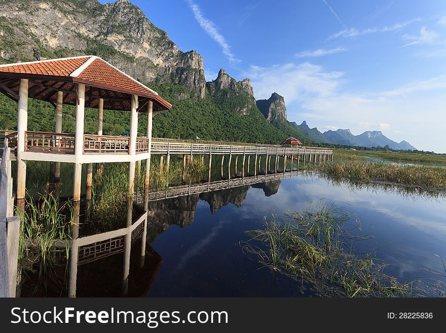 Classic wooden walkway on the lake in national park, Sam Roi Yod in Thailand