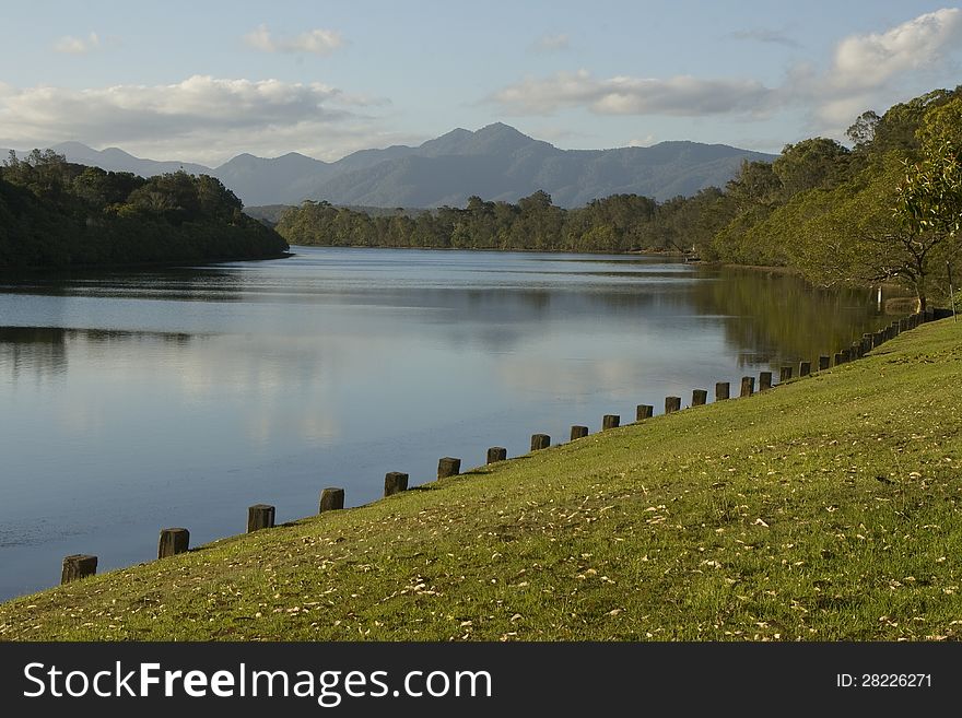 The view west along the Bellinger River at Mylestom provides a spectacular view of the mountains where it begins. The view west along the Bellinger River at Mylestom provides a spectacular view of the mountains where it begins