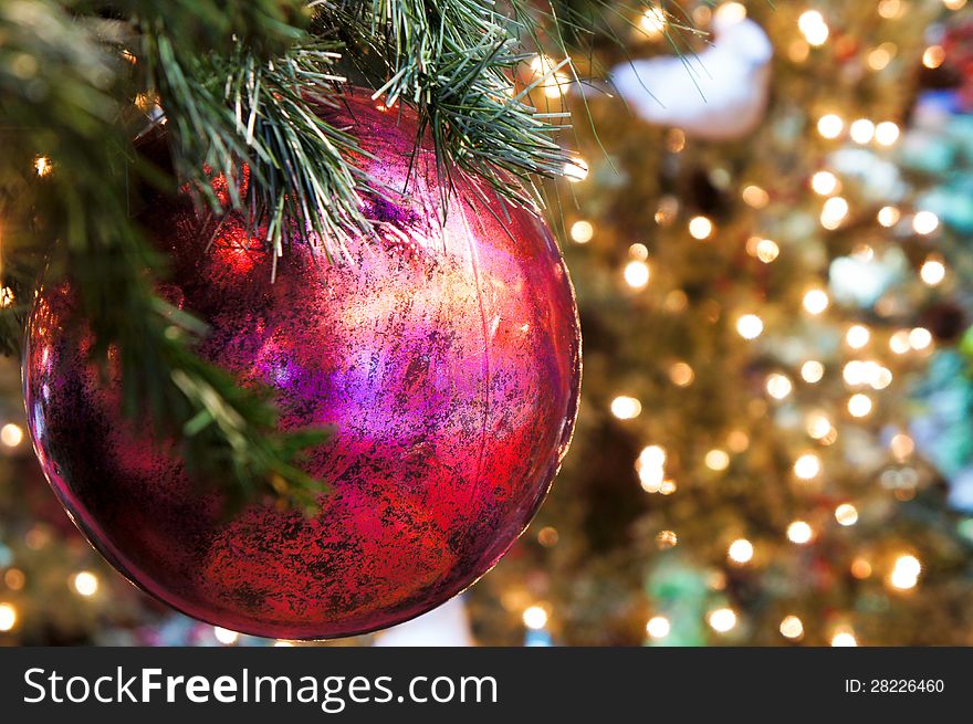Christmas Ornaments with yellow decoration lights as background. Christmas Ornaments with yellow decoration lights as background