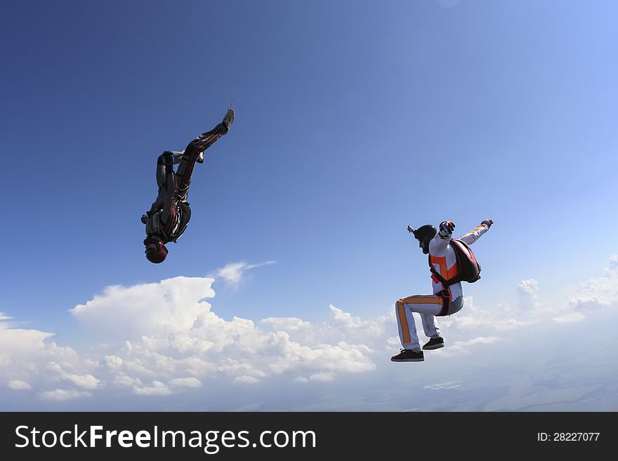 A group of paratroopers in a free style free fall. A group of paratroopers in a free style free fall.