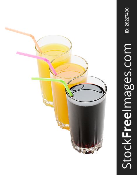 Juice in a glass with straw isolated on white background