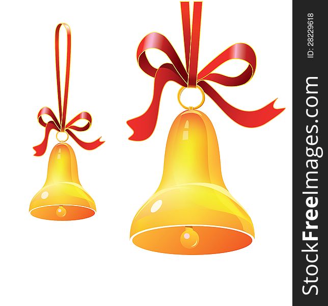Glossy and shiny icon of Christmas yellow cartoon bell with red stylish ribbon in vector illustration style. Glossy and shiny icon of Christmas yellow cartoon bell with red stylish ribbon in vector illustration style.