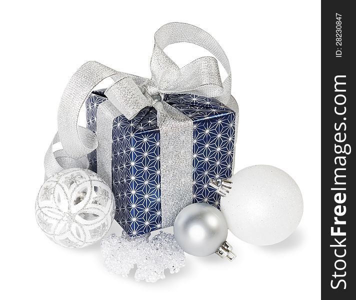 Gift box with christmas balls and snowflakes on a white background. Gift box with christmas balls and snowflakes on a white background