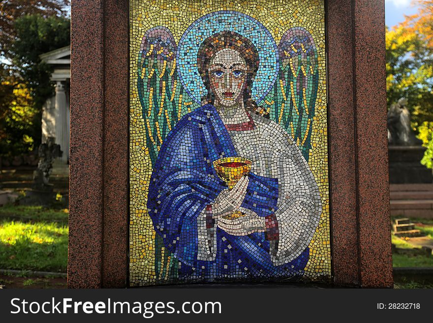 Tiled religious mosaic on one of the tombs in Norwood Cementary. Tiled religious mosaic on one of the tombs in Norwood Cementary