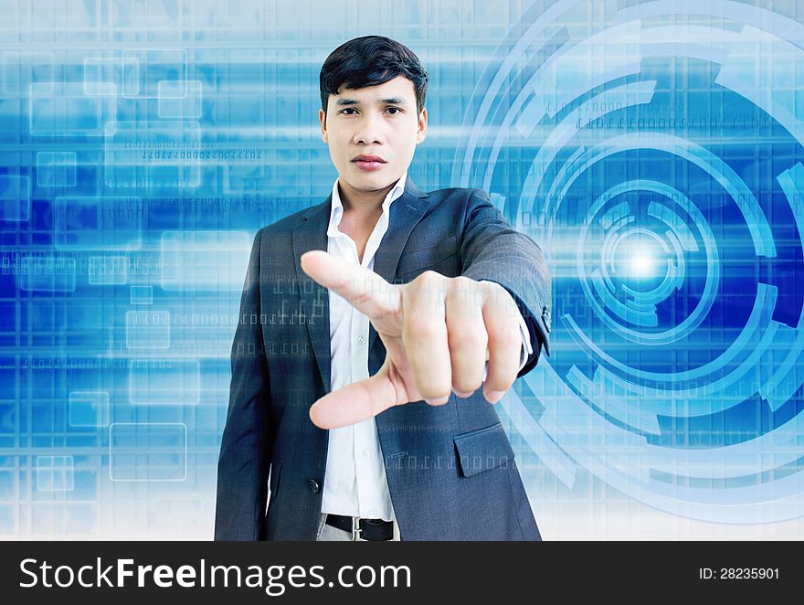 Businessman With Hand Gesturing in Technology Background. Businessman With Hand Gesturing in Technology Background
