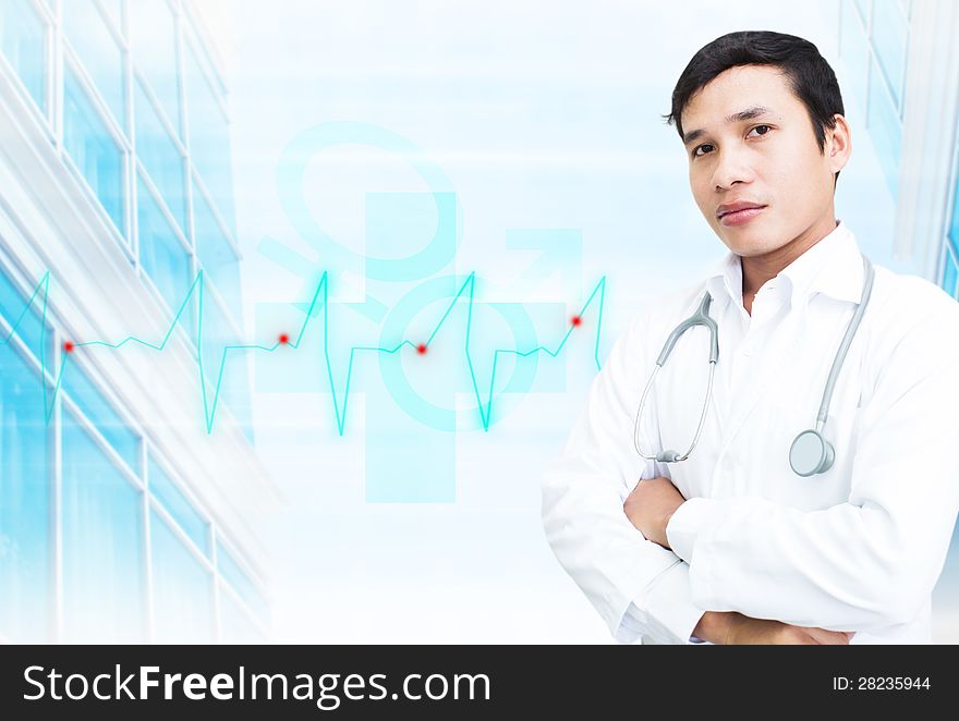Asian Smart Doctor  Posing With Building Background