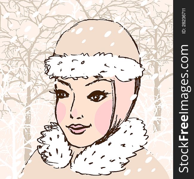 Vector hand drawn illustration of winter girl. Vector hand drawn illustration of winter girl