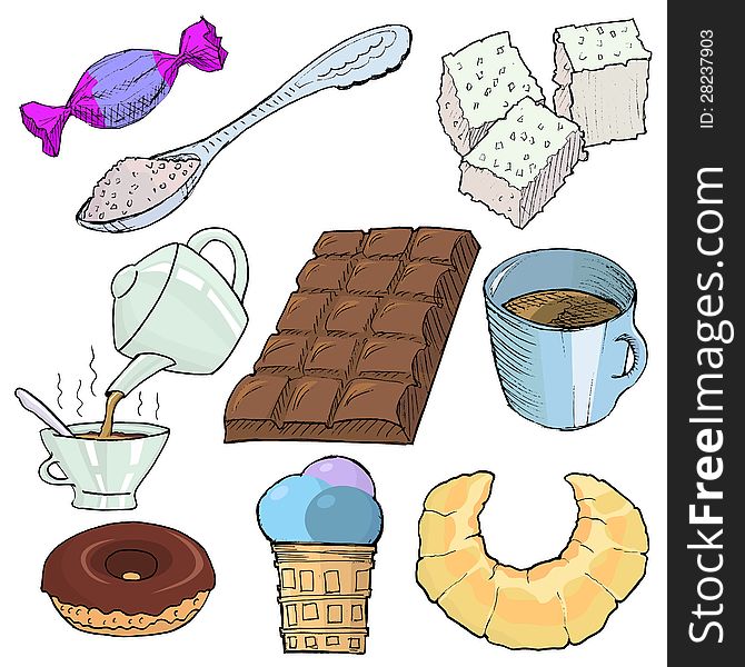 Set of illustrations of sweet food and drinks