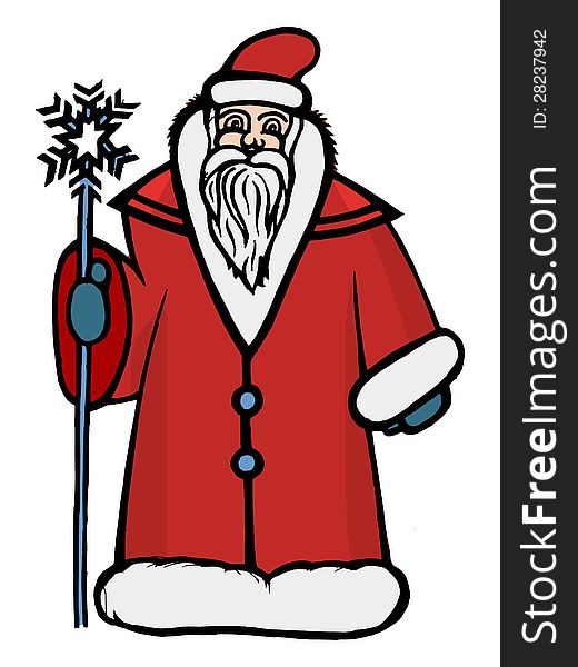 Hand drawn, , cartoon illustration of Santa Claus