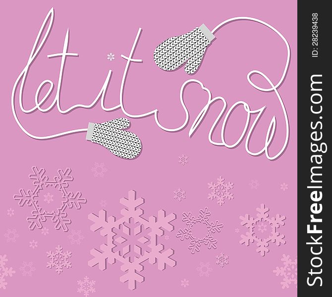 Christmas and New Year card with gift mittens. Vector illustration pattern with snowflakes. Winter background with concept of recreation and vacation. Abstract ornament for print and web.