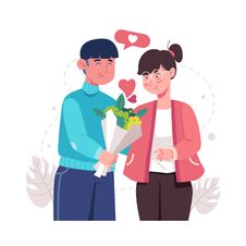 Young Lover With Heart Shapes And Bunch Of Flowers On Valentine Day. Happy Young Couple Portrait. Romantic Man Gives A Bunch Of Fl Stock Photography