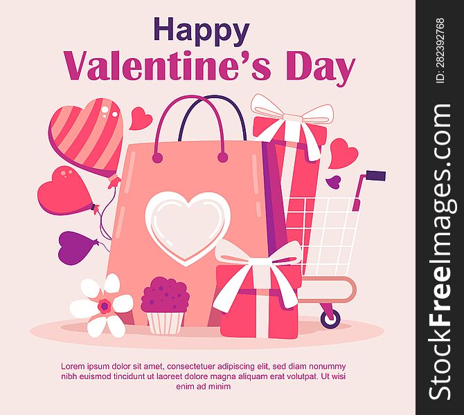 Happy Valentine shopping cart banner illustration with bags, gift boxes, heart shape balloons and heart icons