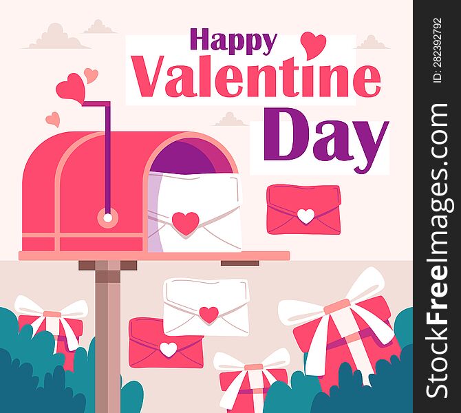 Valentine Concept Illustration Design With Mail Box. Holiday Banner, Web Poster, Flyer, Stylish Brochure, Greeting Card, Cover. Ro