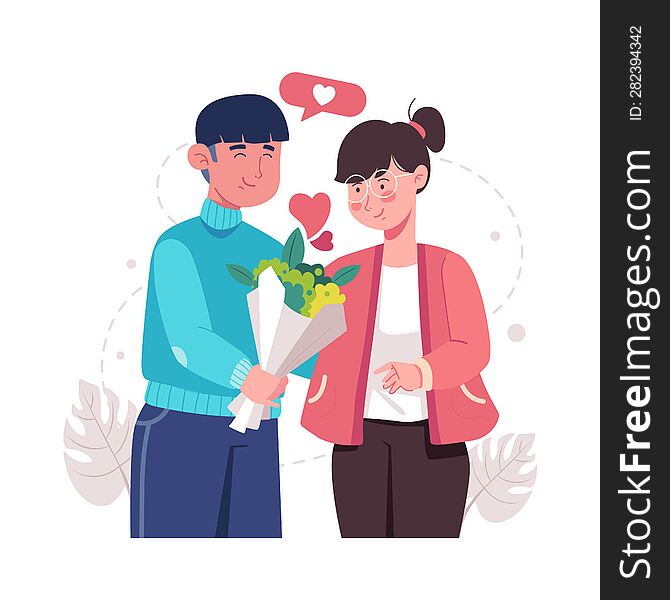 Young lover with heart shapes and bunch of flowers on Valentine day. Happy young couple portrait. Romantic man gives a bunch of flowers to his darling girlfriend