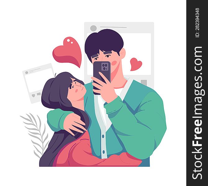 A romantic boyfriend is taking selfie with his darling girlfriend with great passion. Happy young couple portrait. Valentine and Happy Anniversary concept