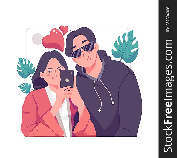 A romantic girlfriend is taking selfie with her darling boyfriend with great passion. Happy young couple portrait. Valentine and Happy Anniversary concept